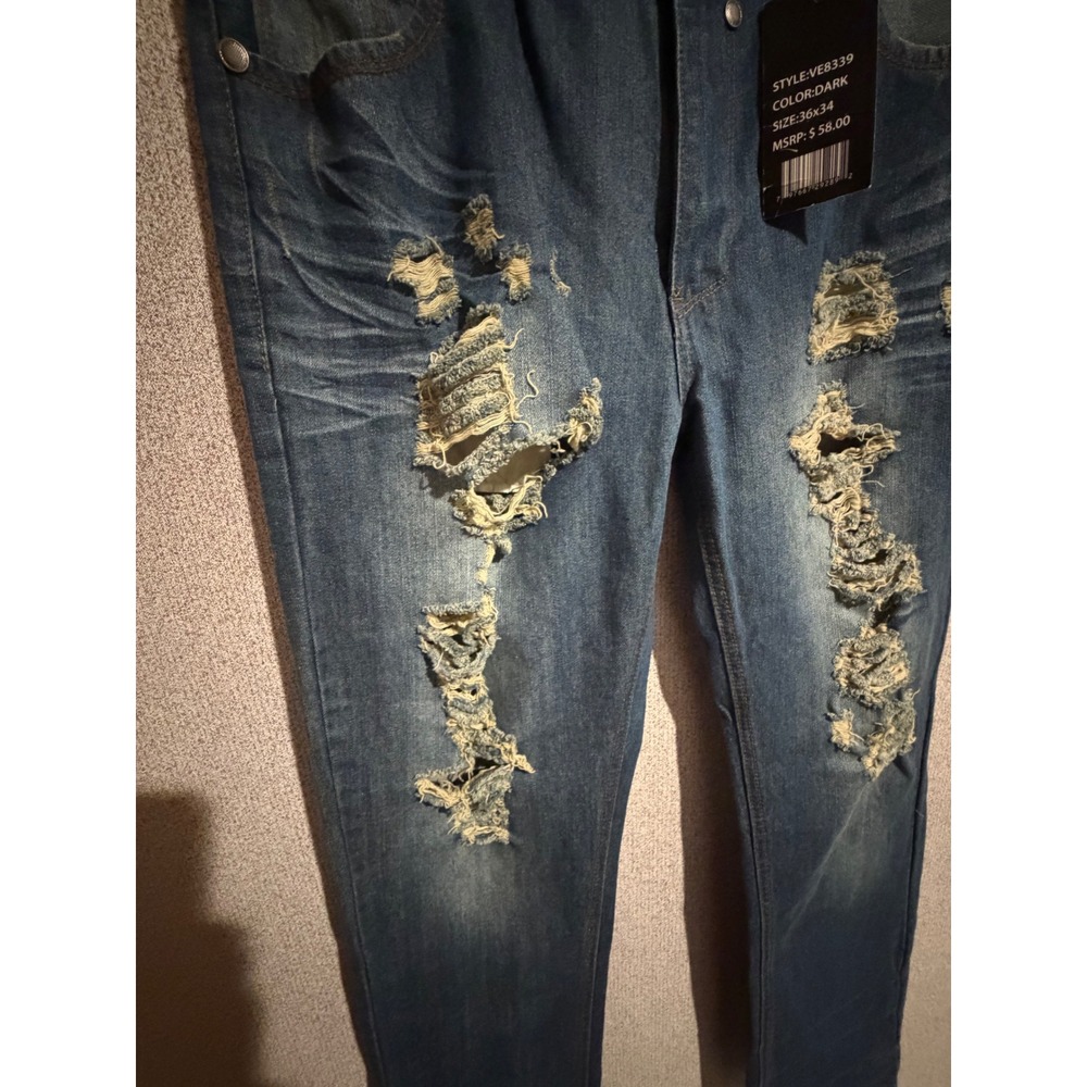 Outback Rider Mens Distressed Ripped Denim Jeans Dark Wash VE8339 36x34 NEW - Picture 5 of 9